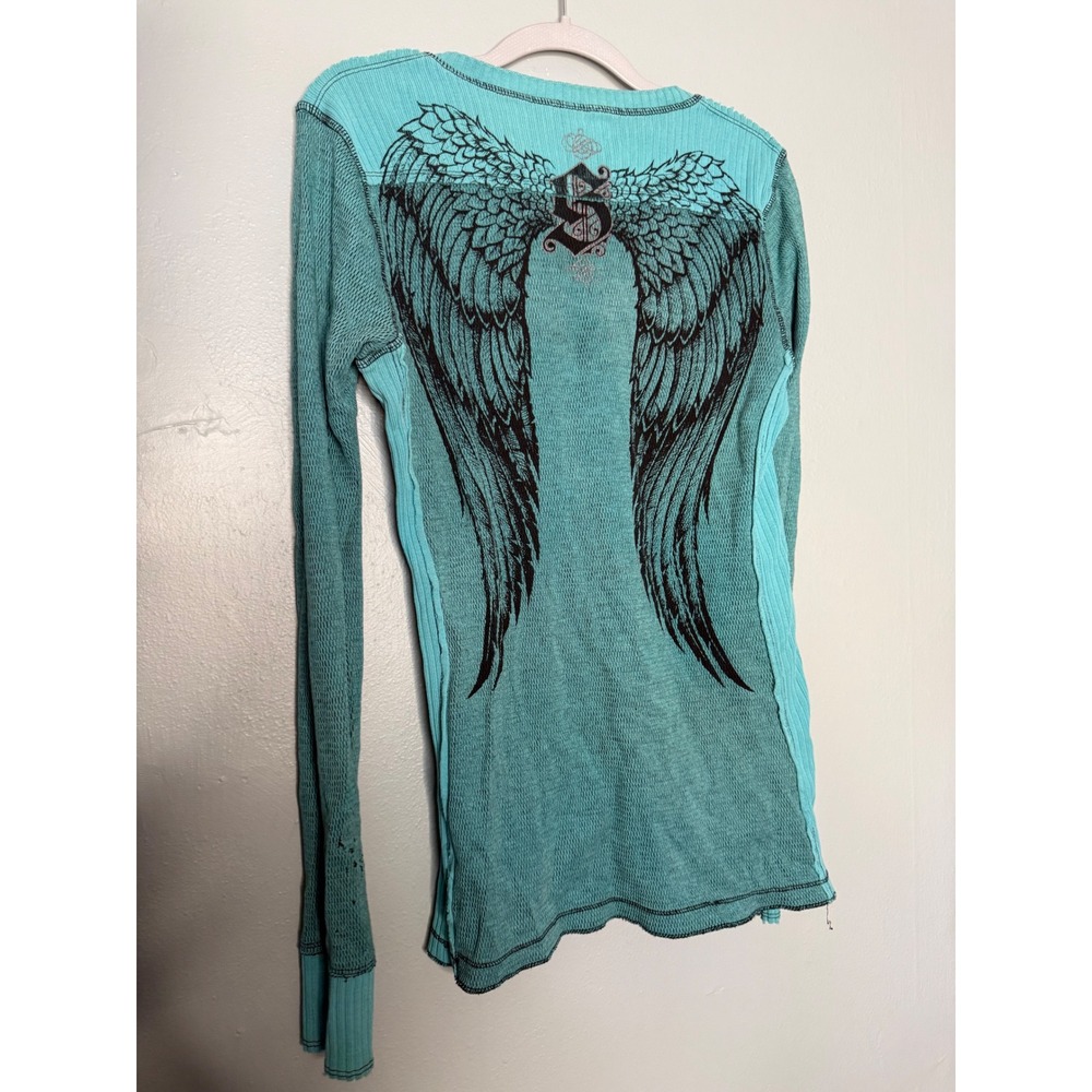 Sinful by Affliction Y2K Thermal Reversible Glitter Heart Turquoise & black top - Picture 4 of 16